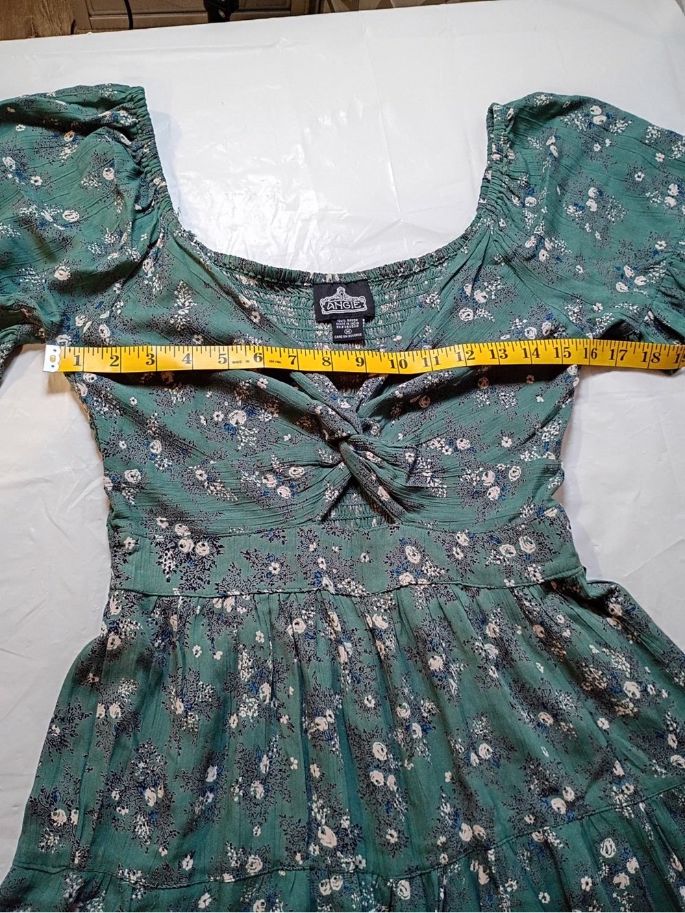 Angie Green Floral Smocked Mini Dress Size M Boho Cottagecore - Picture 3 of 8